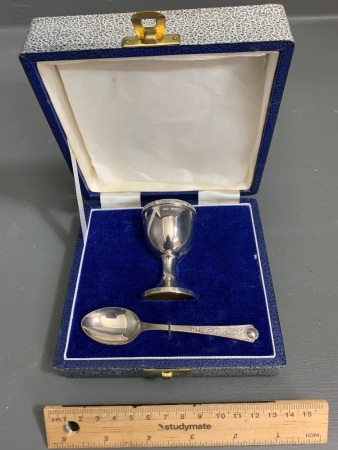 Hallmarked Sterling Silver Christening Egg Cup and Spoon Set in Presentation box