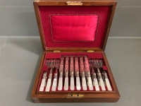 Antique 24 Piece Mother of Pearl Handled Fruit Set with Silver Collars in Wooden Commemorative 1903 Box