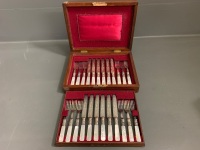 Antique 24 Piece Mother of Pearl Handled Fruit Set with Silver Collars in Wooden Commemorative 1903 Box - 2