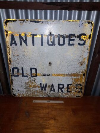 VINTAGE HAND PAINTED ANTIQUES - OLD WARES SIGN - HEAVY STEEL - RECYCLED - 750 X 750 - CONDITION FAIR