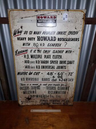 HOWARD FARM EQUIPMENT HAND PAINTED VINTAGE SIGN - HEAVY STEEL - RARE - CONDITION GOOD