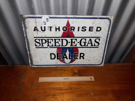 VINTAGE SPEED-E-GAS STEEL SIGN, DOUBLE SIDED - 460W X 310H - CONDITION GOOD