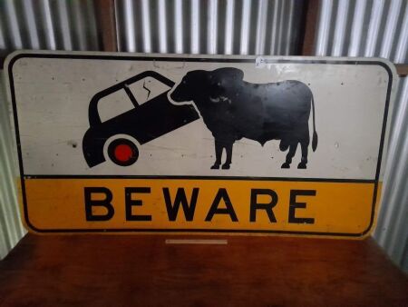 VINTAGE BEWARE CAR COLLIDING WITH BULL ROAD SIGN - NORTHERN TERRITORY - 900 X 1800 - CONDITION GOOD