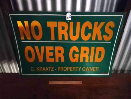 VINTAGE NO TRUCKS OVER GRID TIN SIGN - 900 X 600H - REFLECTIVE - CONDITION GOOD