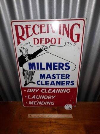 VINTAGE MILNERS RECEIVING DEPOT TIN SIGN - DRY CLEANING - 600H X 400W - CONDITION GOOD