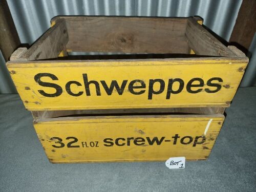 SCHWEPPS 32FL OZ TIMBER CRATE - YELLOW - CONDITION GOOD