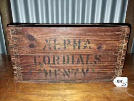 VINTAGE ALPHA CORDIALS TIMBER CRATE - HENTY ON ONE SIDE - OTHER SIDE ALPHA CORDIALS PASSIONIA (FAINT) - CONDITION GOOD