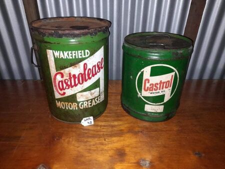 CASTROLEASE' 45LB MOTOR GREASE TIN/LID & CASTROL MOTOR OIL DRUM - 4 IMPERIAL GALLONS - CONDITION FAIR