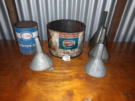 AMPOL/ESSO WASH TINS, 4 X GALVANISED STEEL FUNNELS - CONDITION FAIR