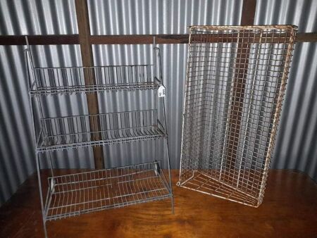 VINTAGE STEEL SERVICE STATION OIL RACK / WHEELS - 600W X 850H + VINTAGE WIRE MESH DISPLAY SHELF - 900W X 440D-CONDITION FAIR