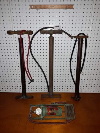 4 X VINTAGE BRASS, TIMBER, STEEL TYRE PUMPS, GOLDEN TORNADO ENGLAND, FOOT-PUMP GUAGE IN POUNDS PRESSURE-CONDITION GOOD