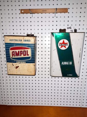 VINTAGE AMPOL 1 GALLON TIN CALTEX + ALMACOIL TIN (FULL)-CONDITION FAIR/GOOD