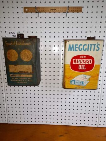 VINTAGE BEL-RAY LUBRICANTS USA 1 GALLON OIL TIN + VINTAGE MEGGITTS NET 9 LBS LINSEED OIL TIN - CONDITION FAIR/GOOD