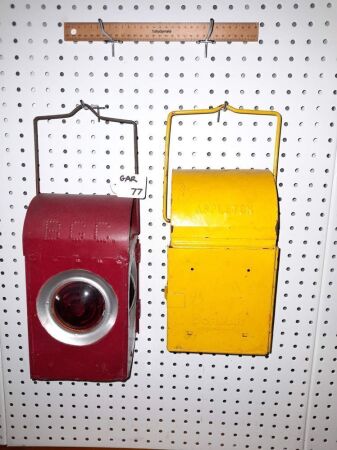 PAIR VINTAGE KEROSINE WARNING LAMPS - BOTH STAMPED BGC + (BRISBANE GREATER COUNCIL) BURNER -CONDITION GOOD