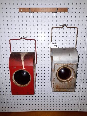 PAIR VINTAGE KEROSINE WARNING LAMPS - ONE EMBOSED BGC (ALL GLASS LENSES) - CONDITION FAIR