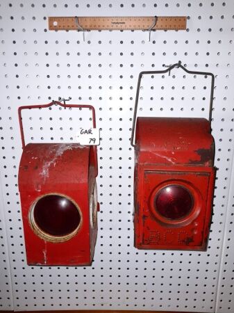 PAIR VINTAGE KEROSINE WARNING LAMPS - ONE EMBOSED BGC - CONDITION FAIR