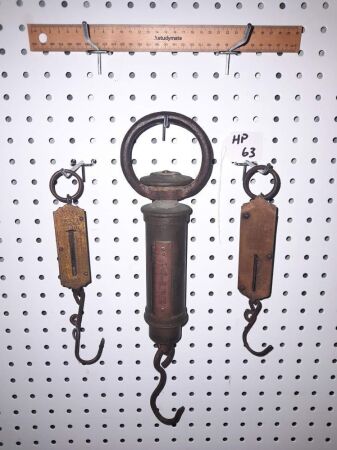 ANTIQUE BRASS CYLINDER SCALES, 2 X BRASS SCALES + EXCELSIORUSA, POCKET BALANCE ENGLAND - CONDITION FAIR