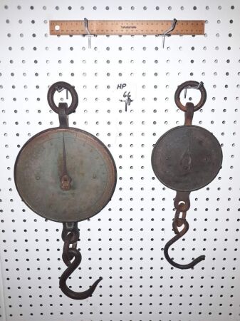 VINTAGE BRASS HANGING SCALES 200/250lb - BOTH SALTERS MAKE - CONDITION GOOD