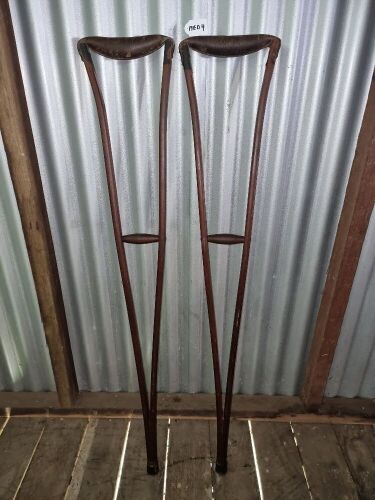 ANTIQUE TIMBER / LEATHER CRUTCHES - CONDITION GOOD