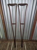 ANTIQUE TIMBER / LEATHER CRUTCHES - CONDITION GOOD