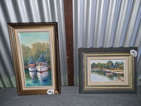 PAIR OF ORIGINAL JENNY DAWES - SUNSHINE COAST BOATING OIL PAINTINGS - CONDITION GOOD