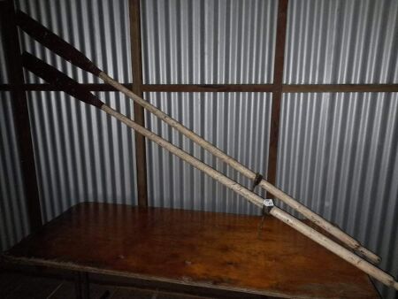 PAIR VINTAGE OARS - KILKIVAN SHIRE COUNCIL - EXTRA LONG. LEATHER STRAP, ROW LOCKS - 2750 LONG - CONDITION FAIR