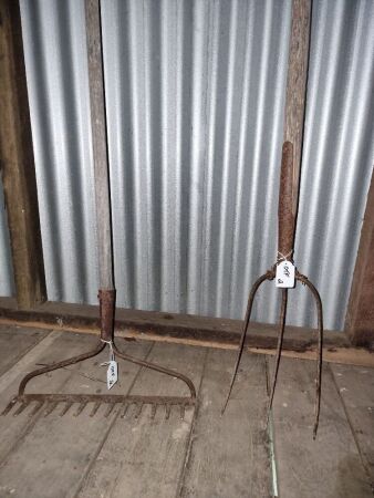 VINTAGE RAKE - VINTAGE HAY FORK (2 ITEMS) - CONDITION GOOD