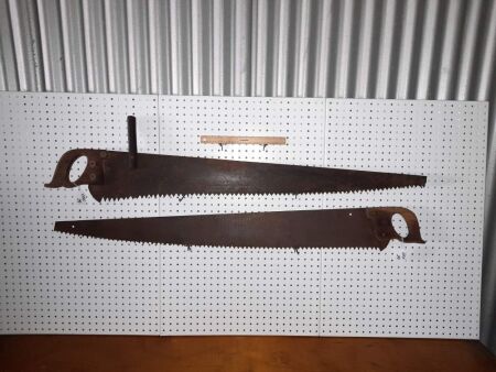 2 X VINTAGE CROSSCUT SAWS, BALANCE WEIGHT TO ONE - TOP SAW 1350 LONG, LOWER SAW 1350 LONG - CONDITION GOOD