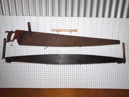 2 X VINTAGE CROSSCUT SAWS - TOP SAW 1350 LONG, LOWER SAW 1450 LONG - CONDITION GOOD