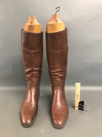 Vintage High Top Leather Riding Boots & Carved Timber Stretchers