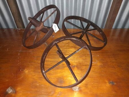 3 X VINTAGE WHEELS (2 X 380MM, 1 X 290MM) - CONDITION FAIR