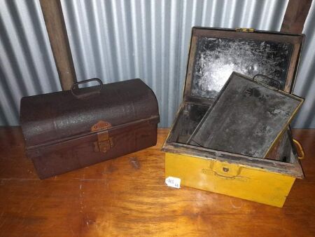 2 X VINTAGE STEEL CHESTS - YELLOW CHEST/TRAY CHEST 440 X 250 X 250, YELLOW CHEST 420 X 315 X 200 - CONDITION FAIR