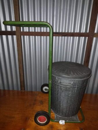 RETRO (NO.5) VINTAGE TROLLEY AND WILLOW GARBAGE BIN - CONDITION GOOD