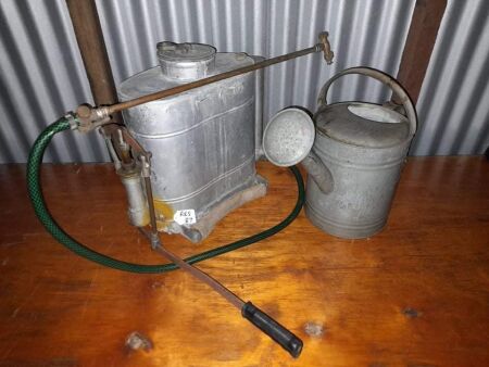 VINTAGE REGA BACKPACK PUMP SPRAYER + VINTAGE WILLOW GALVANISED WATERING CAN WITH ROSE - CONDITION FAIR