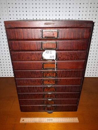 VINTAGE SILKY OAK DESK FILING CABINET, 10 DRAWER - MADE BY W.R SMITH and PATERSON PTY LTD - 490H X 320W X 385D - CONDITION GOOD