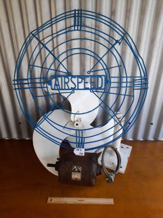 VINTAGE AIRSPEED INDUSTRIAL WALL MOUNTED FAN - EX MACKAY - PORT AUTHORITY WORKSHOPS, MACKAY HARBOUR - (NON ORIGINAL PAINT TO PRESERVE) - CONDITION FAIR