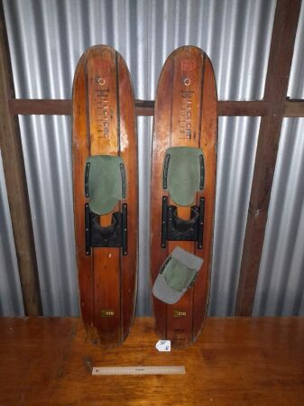 1967 VINTAGE PAIR OLYMPIC GAMES WATER SKIS - MADE IN FRANCE. REFLEXBRAND - 1050 LONG - CONDITION FAIR