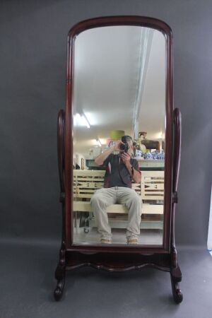 Large Carved Mahogany Cheval Mirror with Brass Fittings