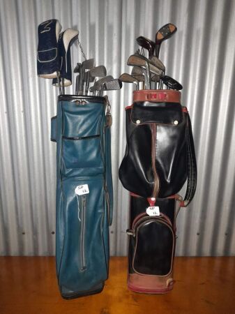 2 SETS OF VINTAGE GOLF CLUBS, OVER SHOULDER CARRY BAGS + BALL RETRIEVER - CONDITION FAIR