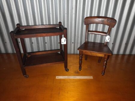 2 X VINTAGE APPRENTICE CABINET MAKING PIECES - TURNED/CARVED CHAIR + DUMB WAITER - RARE! - CONDITION GOOD