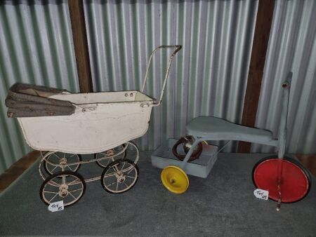 VINTAGE STEEL PRAM/CANOPY - DINKY TRICYCLE - CONDITION FAIR