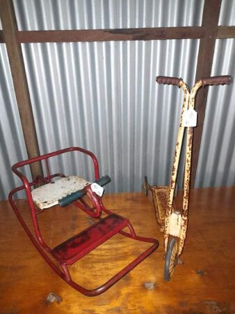 VINTAGE CHILDS ROCKER AND SMALL SCOOTER (2 PIECES) - CONDITION FAIR