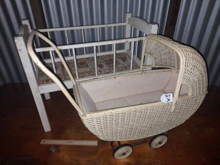 VINTAGE DOLLS CANE PRAM, VINTAGE DOLLS BED - HANDMADE (2 PCS) - CONDITION FAIR