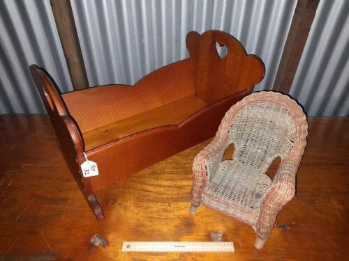 HANDMADE SILKY OAK CRADLE, WICKER DOLLS CHAIR (2 ITEMS) - CONDITION GOOD