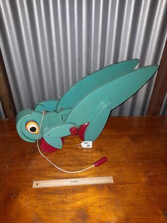 LARGE GRASSHOPPER HANDMADE PULL ALONG TOY - CONDITION GOOD