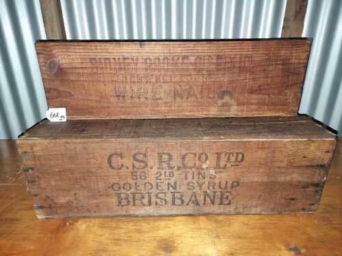 SYDNEY COOK QLD PTY LTD, TIMBER BOX 675 X 330 X 200H + CSR CO LTD (BRIS) 56 X 2LB TINS, GOLDEN SYRUP BOX - 720 X 430 X 215H - CONDITION FAIR