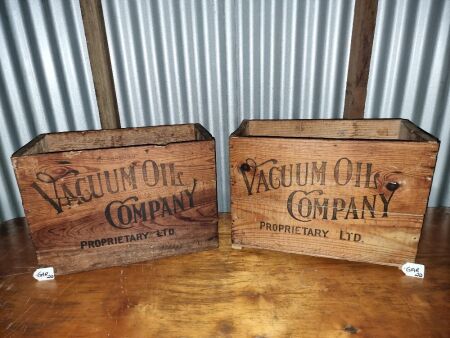 VACUME OIL CO, PLUME MOTORSPIRIT, WOODEN CRATE - (2 OF) STENCIILLED TO 3 SIDES - CONDITION GOOD