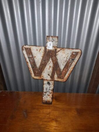 ANTIQUE 'W' HEAVY STEEL PLATE WHISTLE SIGNAGE QLD RAILWAYS - RARE. 550H X 450W - CONDITION GOOD