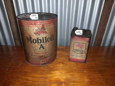 GARGOIL MOBIL OIL 'A' 4 GALLON TIN + VACUUM OIL CO MOBILOIL 'A' TIN (FULL) - CONDITION FAIR