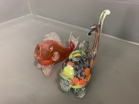 2 x Vintage Glass Fish Vases - 1 with Murano Lable